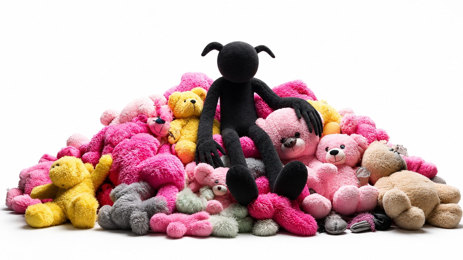 terry sitting on a heap of pink and yellow teddy bears